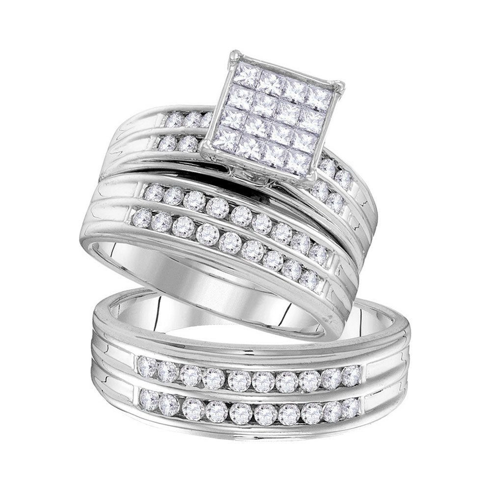 14kt White Gold His Hers Princess Diamond Square Matching Wedding Set 1-1/2 Cttw