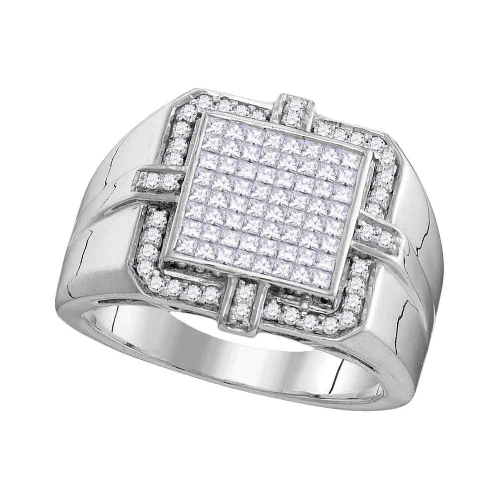 10kt White Gold Mens Princess Diamond Square Frame Cluster Ring 1 Cttw