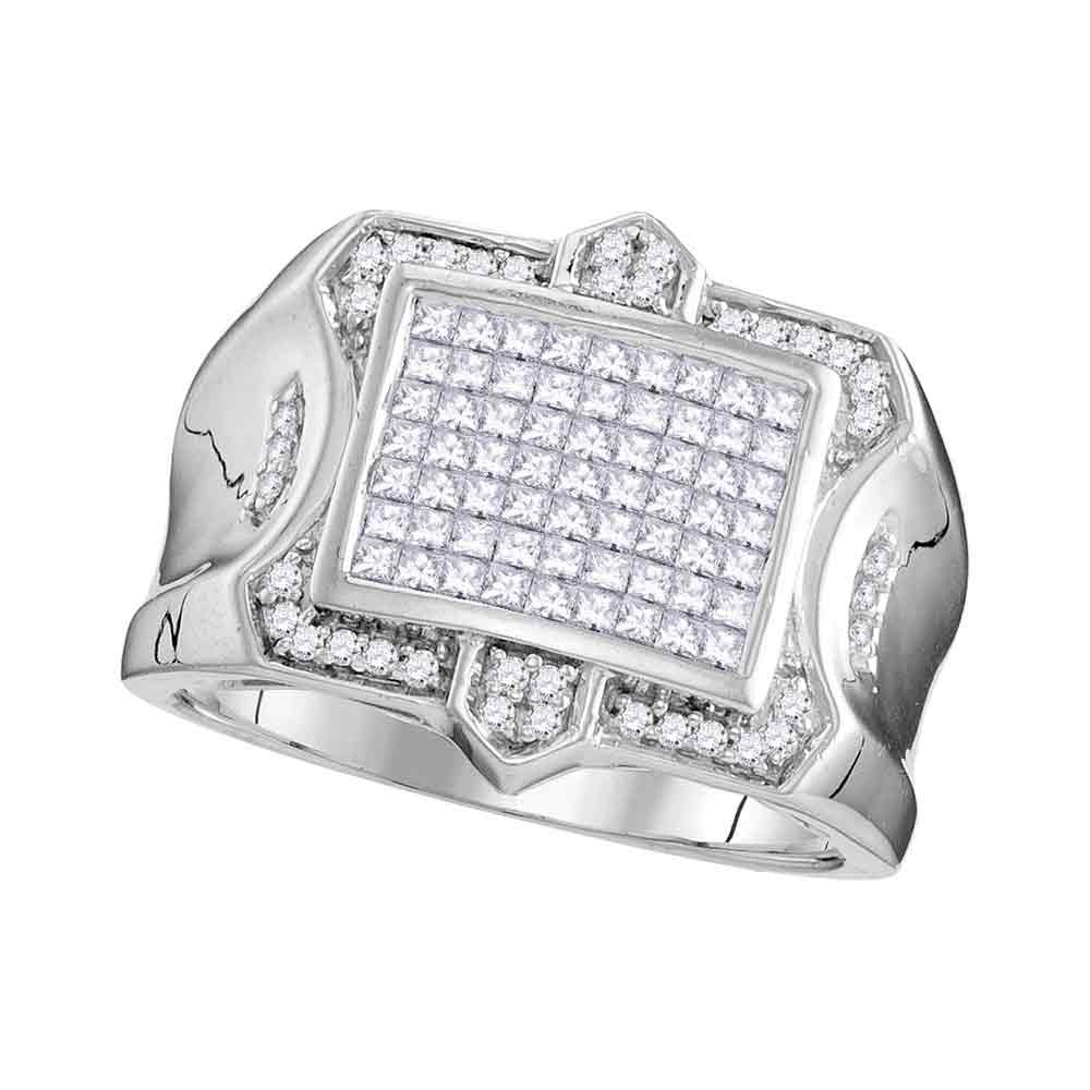 10kt White Gold Mens Princess Diamond Symmetrical Square Cluster Ring 1 Cttw