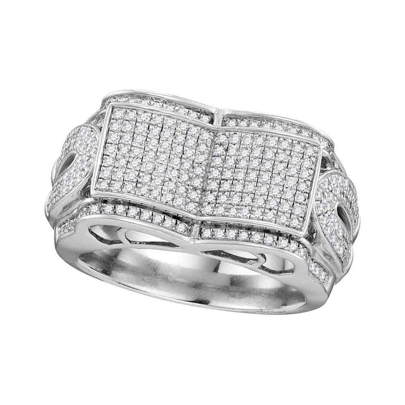 10kt White Gold Mens Round Diamond Symmetrical Concave Rectangle Cluster Ring 3/4 Cttw