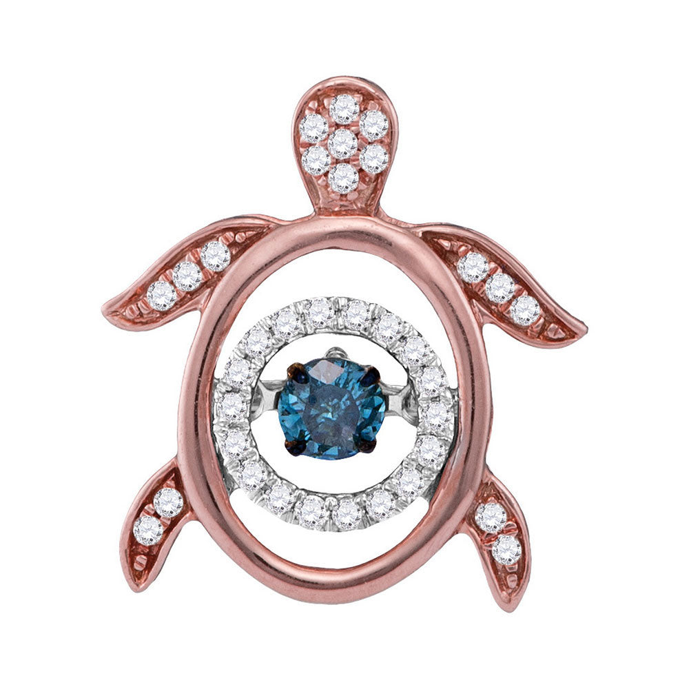 10kt Rose Gold Womens Round Blue Color Enhanced Diamond Turtle Animal Pendant 1/3 Cttw