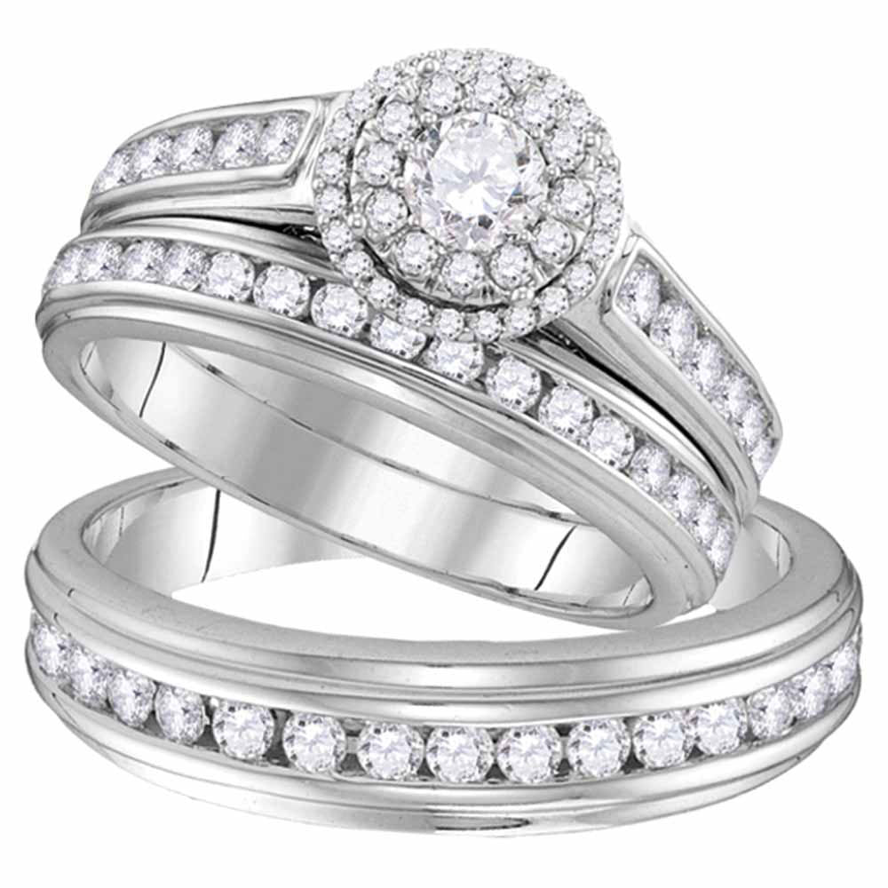 10kt White Gold His Hers Round Diamond Solitaire Matching Wedding Set 1-5/8 Cttw