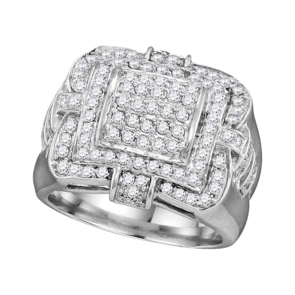 10kt White Gold Mens Round Diamond Layered Square Frame Cluster Ring 1 Cttw