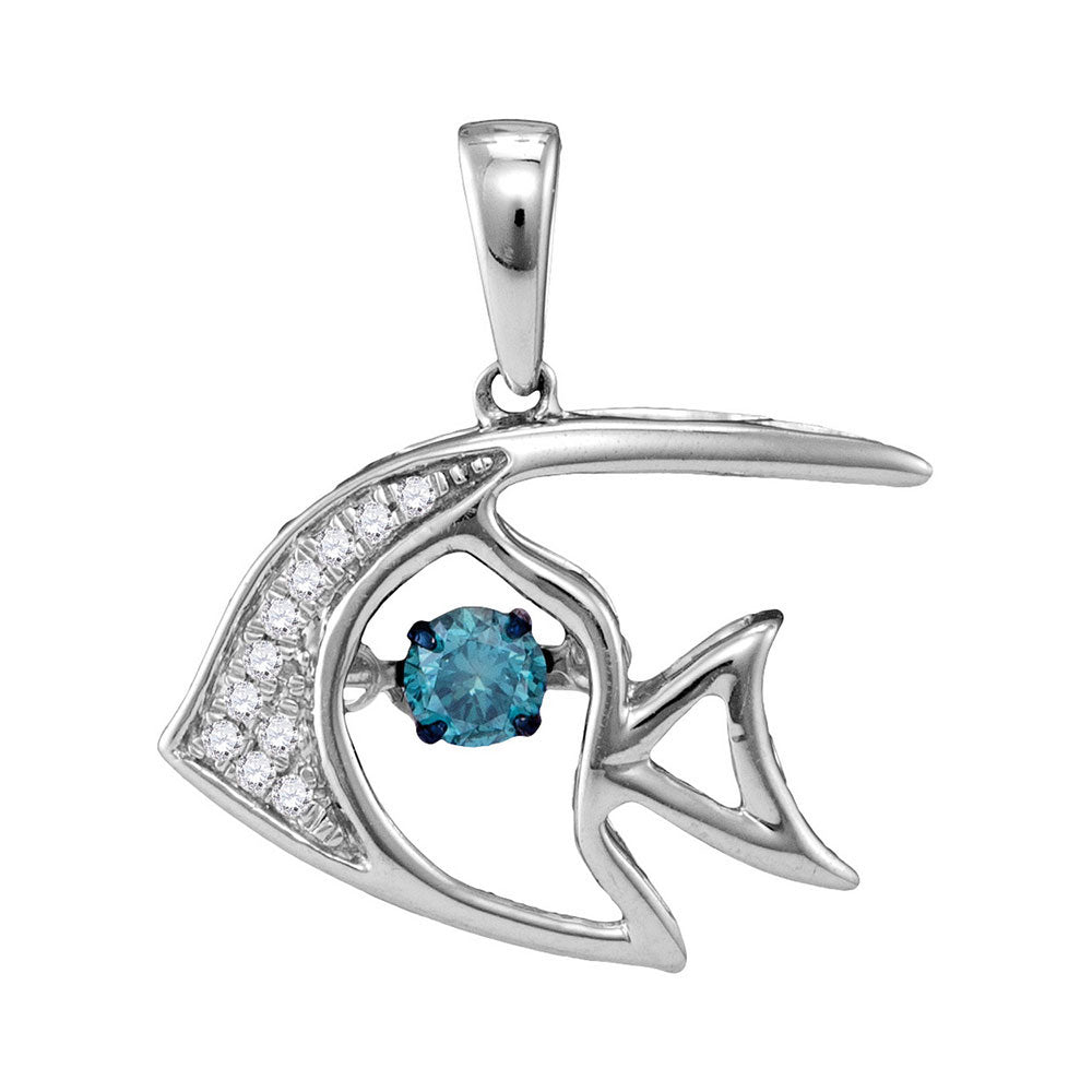 10kt White Gold Womens Round Blue Color Enhanced Diamond Fish Nautical Pendant 1/5 Cttw