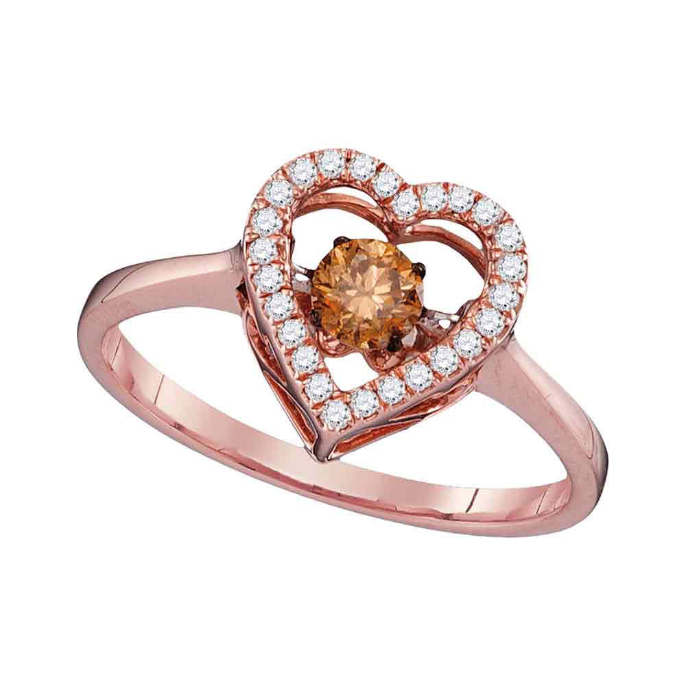 10kt Rose Gold Womens Round Brown Diamond Moving Twinkle Solitaire Ring 3/8 Cttw