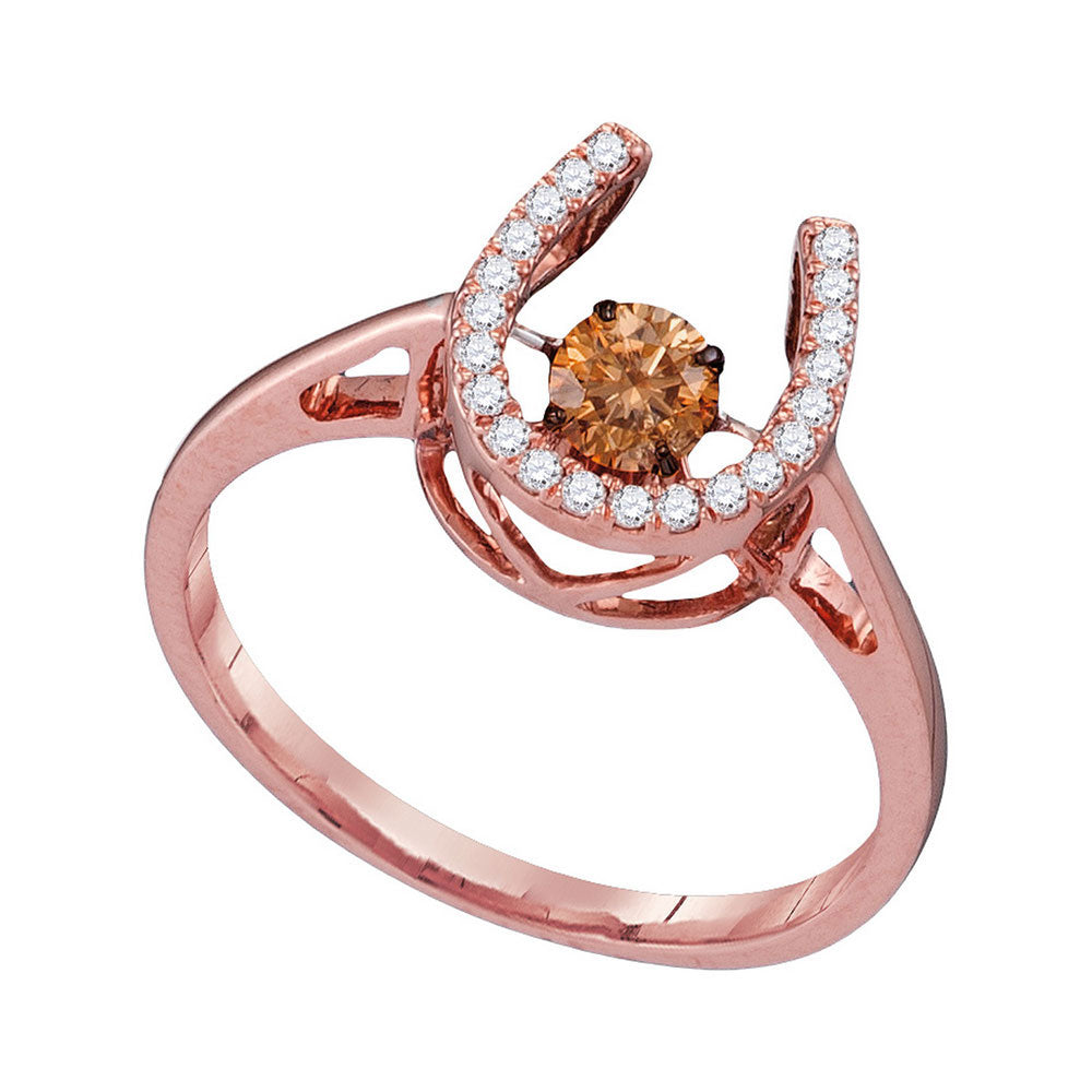 10kt Rose Gold Womens Round Brown Diamond Moving Twinkle Horseshoe Ring 3/8 Cttw