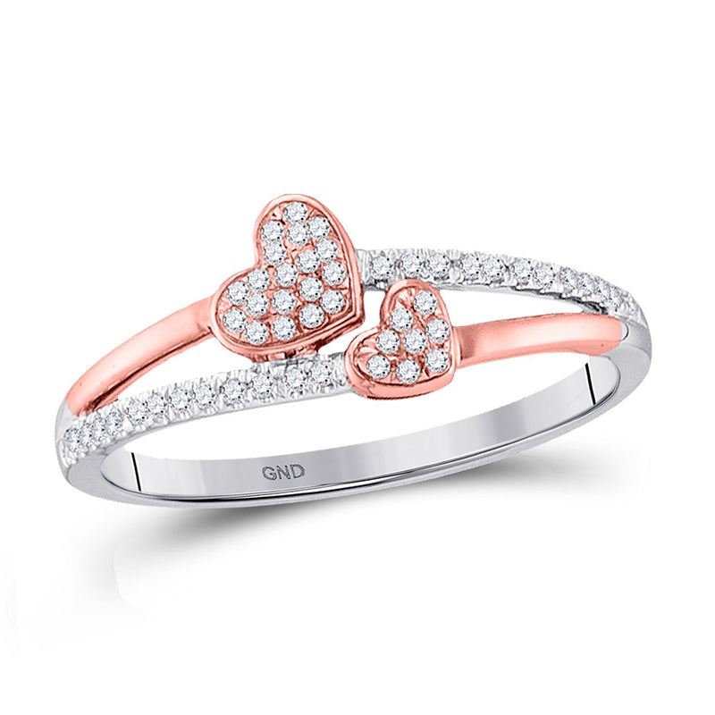 10kt White Gold Womens Round Diamond Rose-tone Double Heart Ring 1/6 Cttw