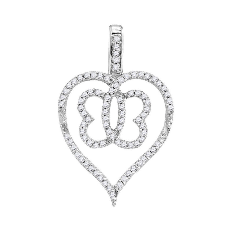 10kt White Gold Womens Round Diamond Heart Butterfly Pendant 1/3 Cttw