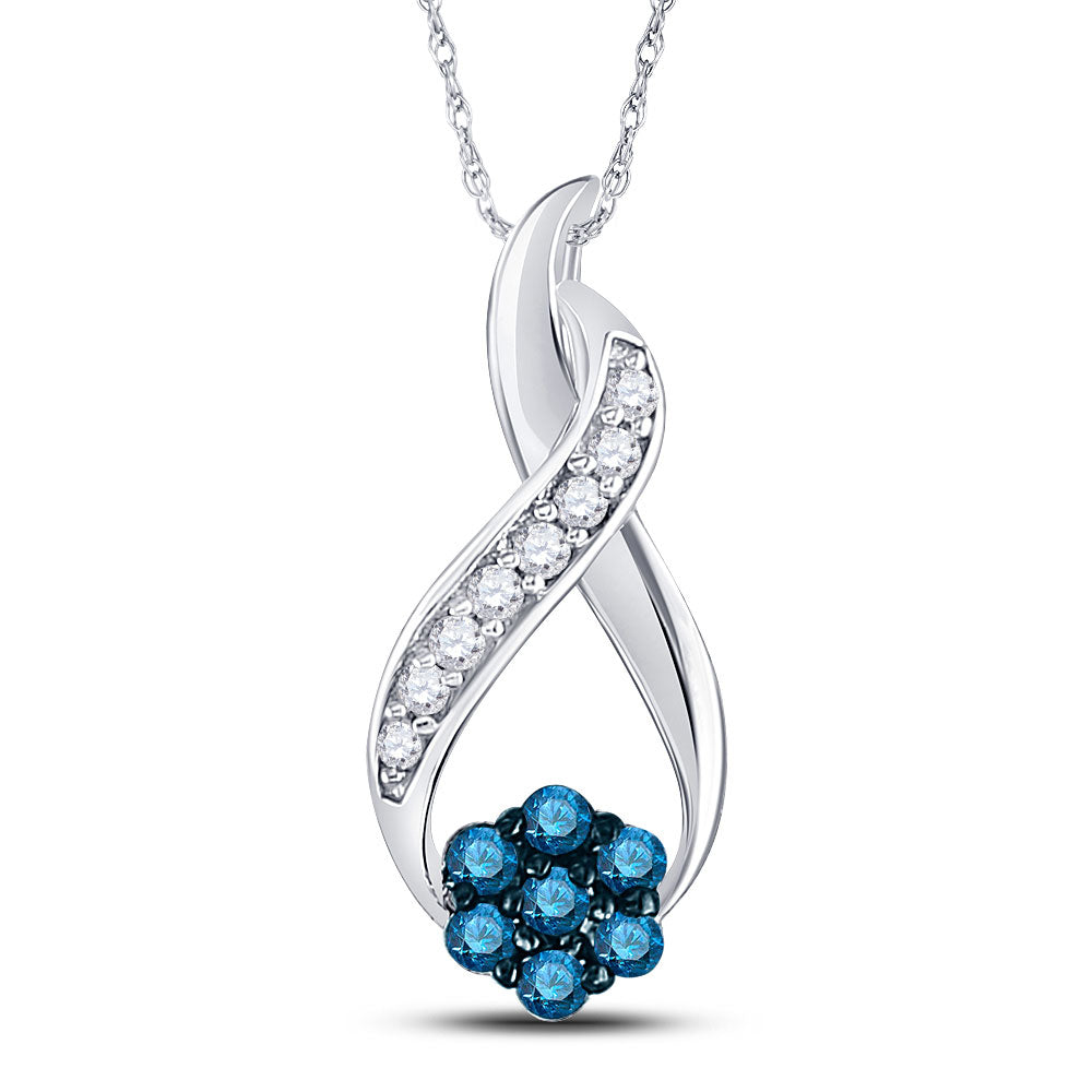 10kt White Gold Womens Round Blue Color Enhanced Diamond Cluster Twist Pendant 1/6 Cttw