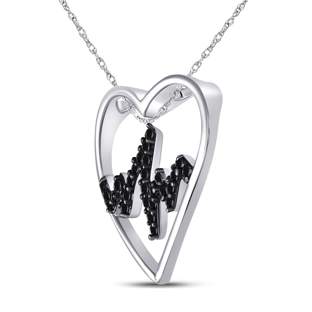 Sterling Silver Womens Round Black Color Enhanced Diamond Heartbeat Heart Pendant 1/10 Cttw