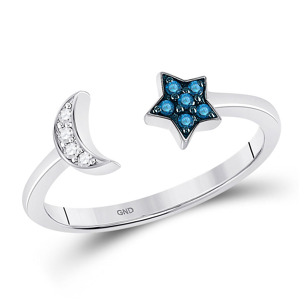 Sterling Silver Womens Round Blue Color Enhanced Diamond Moon Star Ring 1/10 Cttw