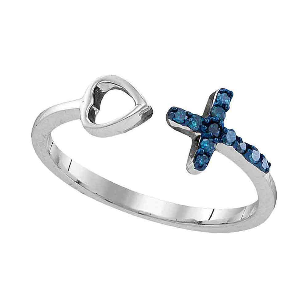 Sterling Silver Womens Round Blue Color Enhanced Diamond Cross Heart Ring 1/10 Cttw