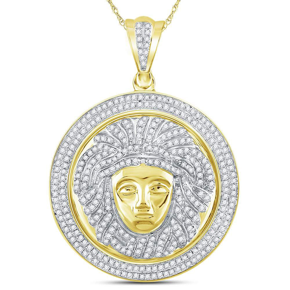 10kt Yellow Gold Mens Round Diamond Gorgon Medusa Circle Medallion Charm Pendant 1 Cttw