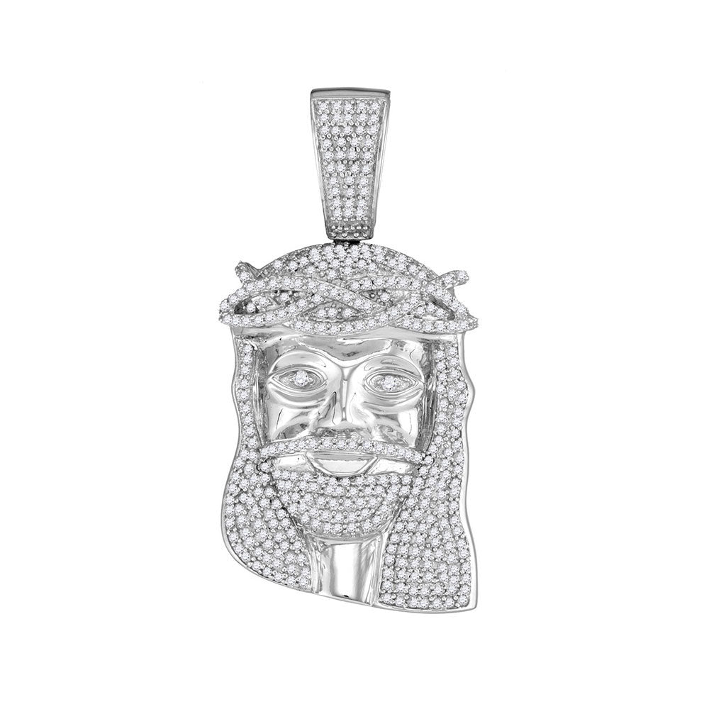 10kt White Gold Mens Round Diamond Jesus Face Charm Pendant 1-1/5 Cttw