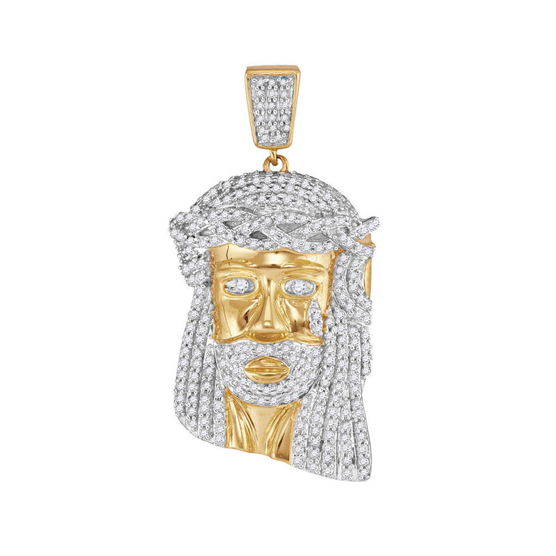 10kt Yellow Gold Mens Round Diamond Jesus Face Charm Pendant 7/8 Cttw