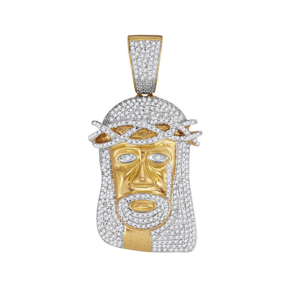 10kt Yellow Gold Mens Round Diamond Jesus Face Charm Pendant 1-1/5 Cttw