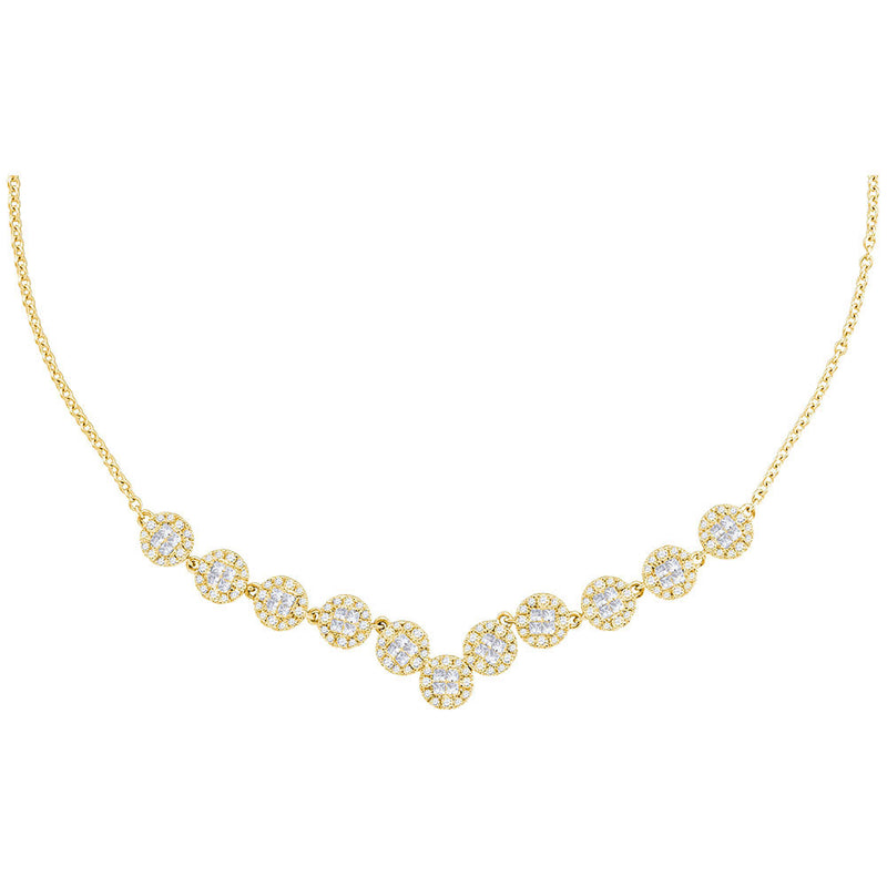 14kt Yellow Gold Womens Princess Diamond Cluster Luxury Necklace 1-7/8 Cttw