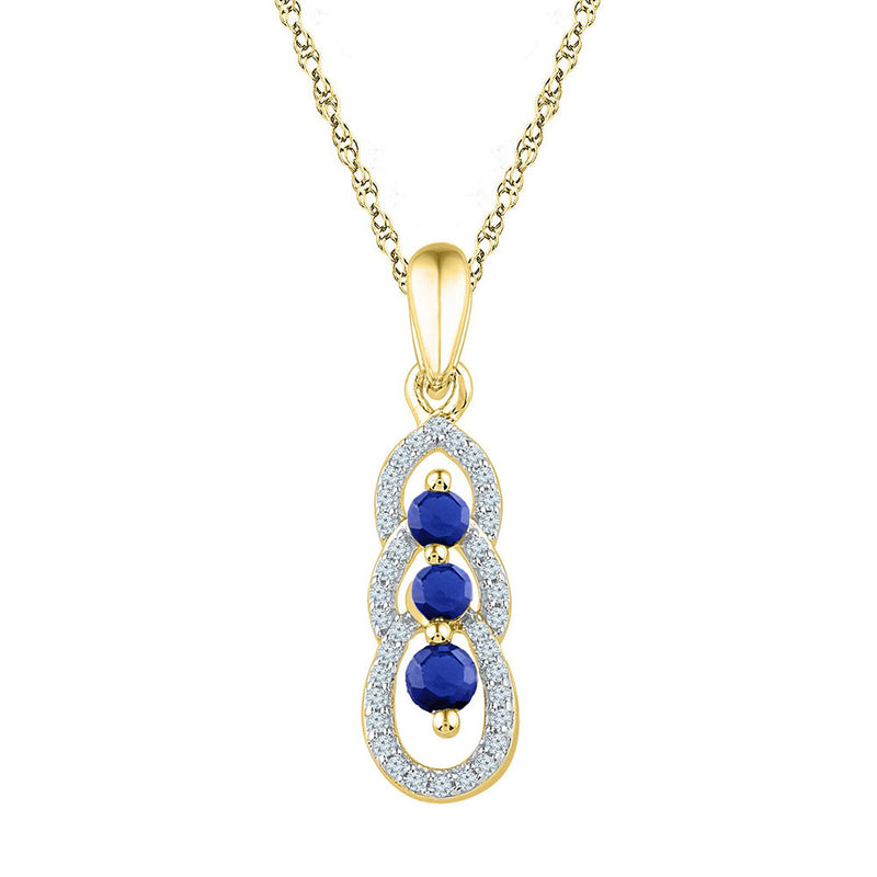 10kt Yellow Gold Womens Round Lab-Created Blue Sapphire 3-stone Pendant 1/2 Cttw