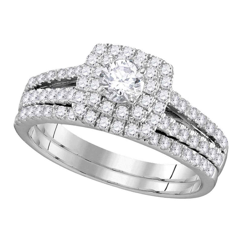 14kt White Gold Round Diamond Halo Bridal Wedding Ring Band Set 1 Cttw