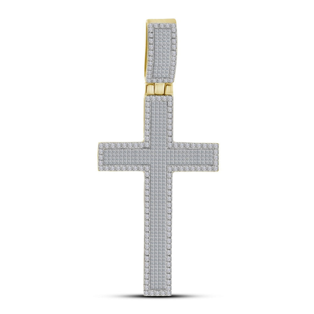 10kt Yellow Gold Mens Princess Round Diamond Raised Edge Cross Charm Pendant 2-3/8 Cttw