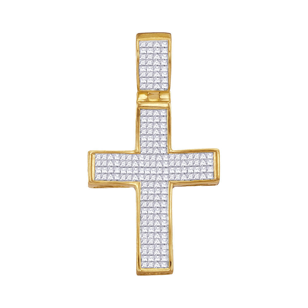 10kt Yellow Gold Mens Princess Diamond Cross Charm Pendant 1-1/2 Cttw