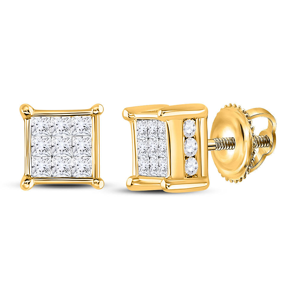 14kt Yellow Gold Womens Princess Diamond Cluster Stud Earrings 1/2 Cttw