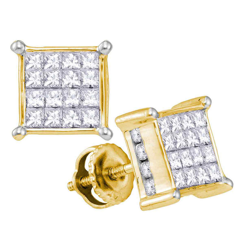 14kt Yellow Gold Womens Princess Diamond Cluster Stud Earrings 1 Cttw