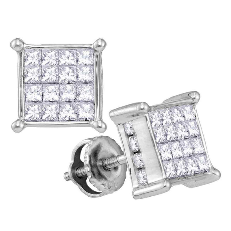 14kt White Gold Womens Princess Diamond Cluster Stud Earrings 1 Cttw