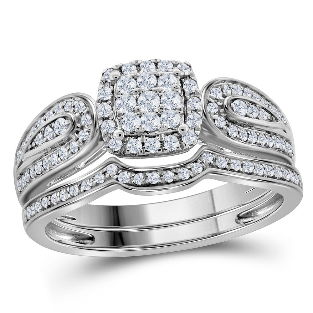 10kt White Gold Round Diamond Cluster Bridal Wedding Ring Band Set 1/2 Cttw