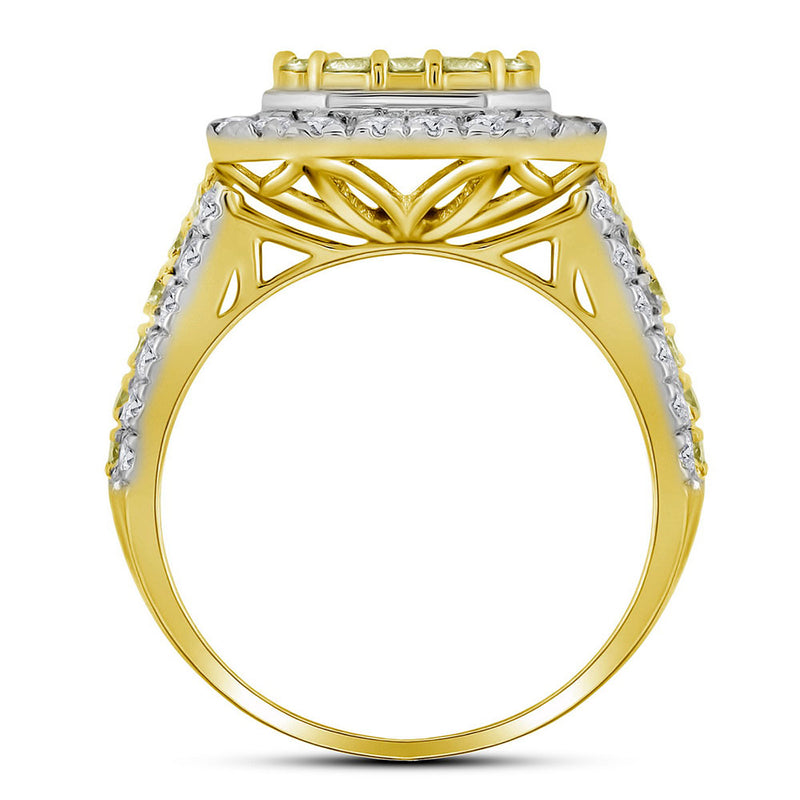 14kt Yellow Gold Womens Round Canary Yellow Diamond Rectangle Cluster Ring 2-1/3 Cttw