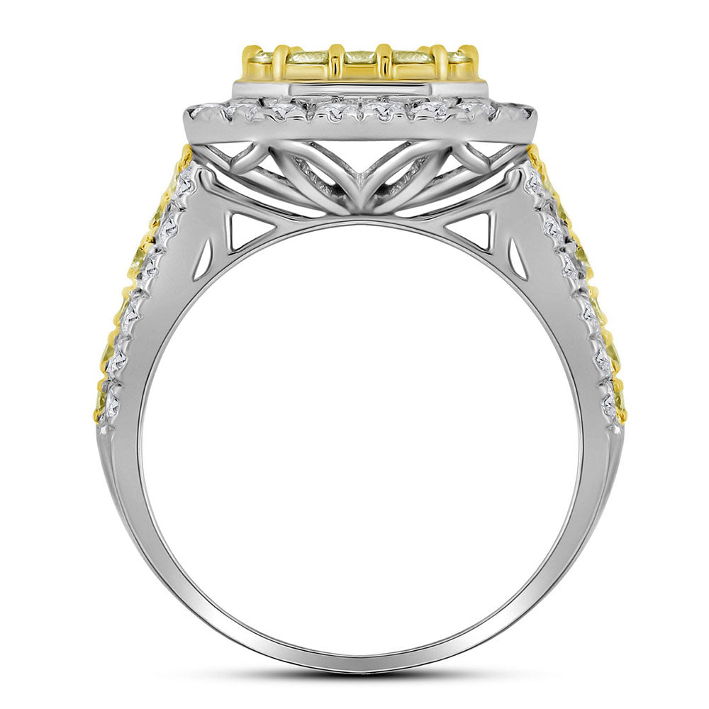 14kt White Gold Womens Round Canary Yellow Diamond Rectangle Cluster Ring 2-1/3 Cttw