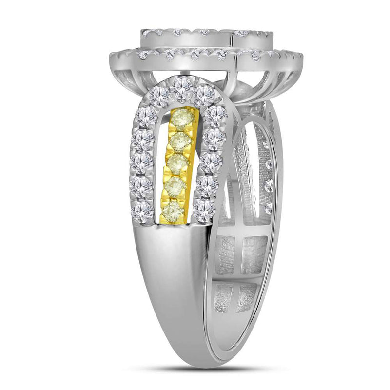 14kt White Gold Womens Round Canary Yellow Diamond Square Cluster Ring 1-3/4 Cttw