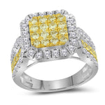 14kt White Gold Womens Round Canary Yellow Diamond Square Cluster Ring 1-3/4 Cttw