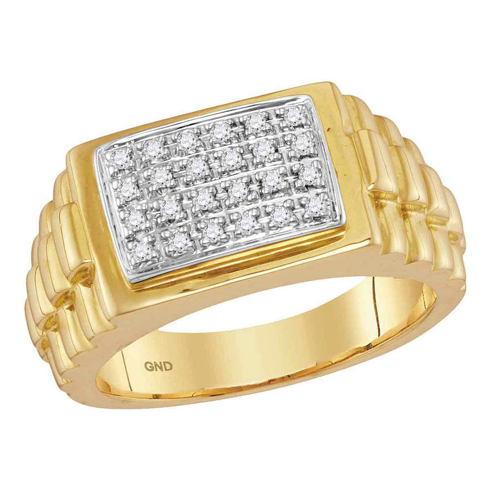 10kt Yellow Gold Mens Round Diamond Rectangle Cluster Ribbed Side Ring 1/5 Cttw