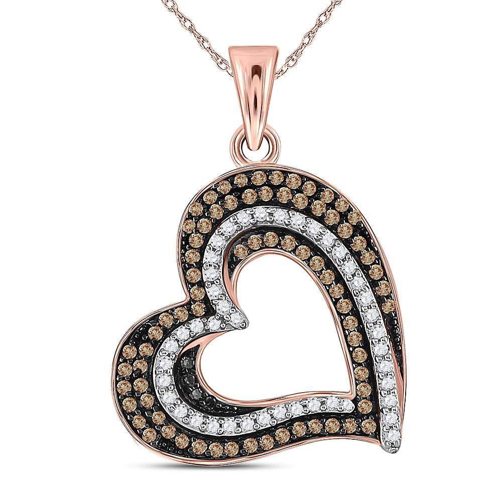 10kt Rose Gold Womens Round Brown Diamond Heart Pendant 3/8 Cttw