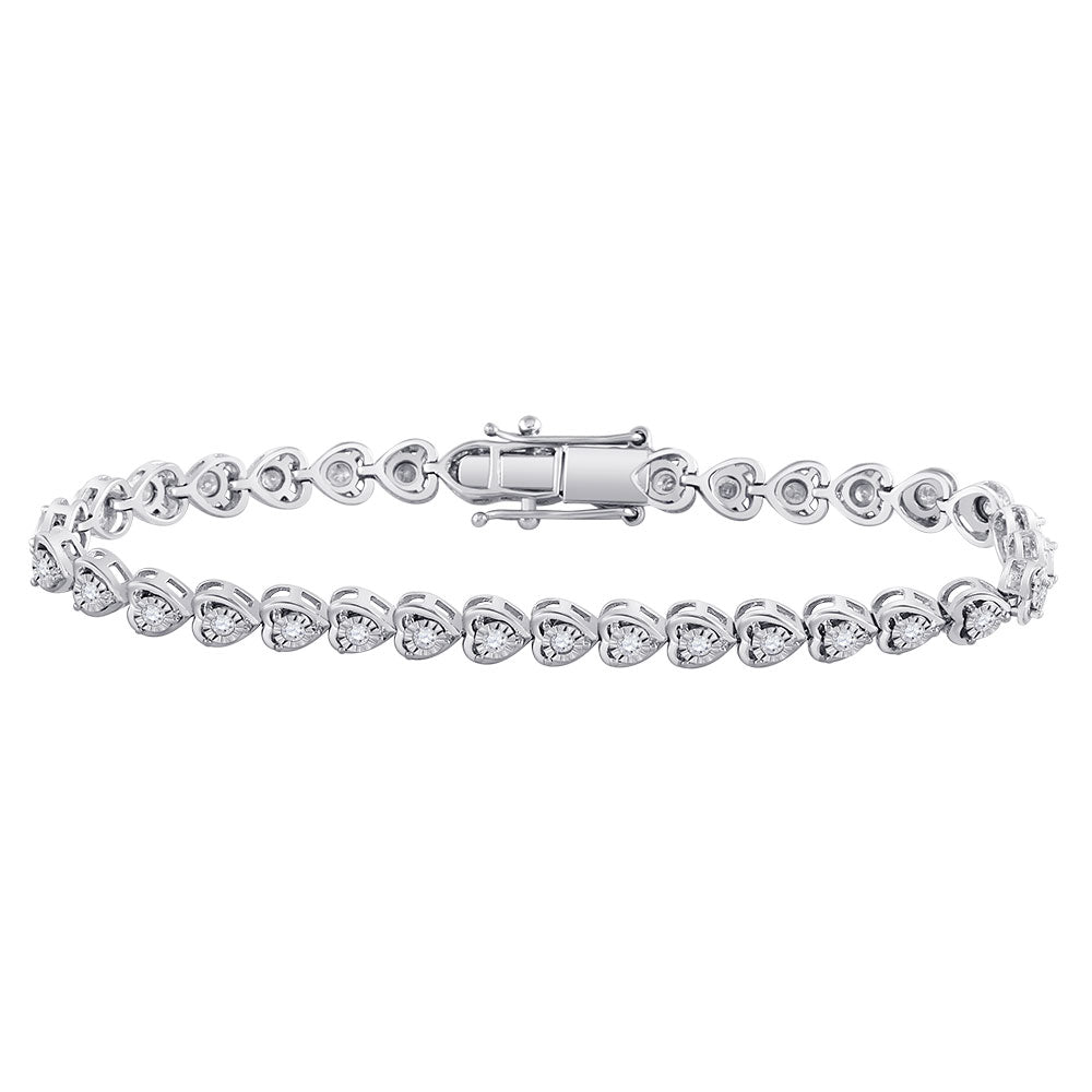 Sterling Silver Womens Round Diamond Heart Tennis Bracelet 1 Cttw