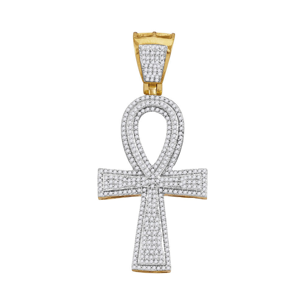 10kt Yellow Gold Mens Round Diamond Ankh Flared Cross Charm Pendant 1 Cttw