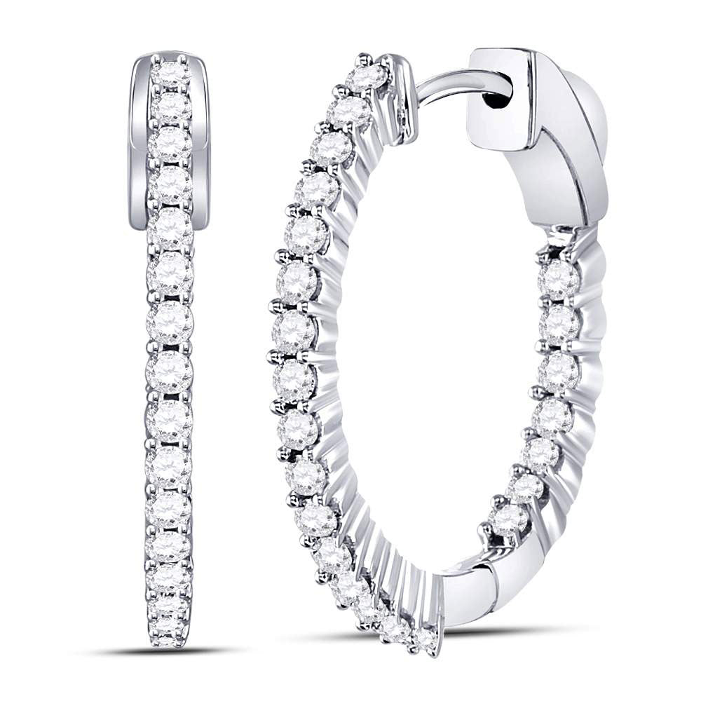 10kt White Gold Womens Round Inside Outside Diamond Hoop Earrings 1 Cttw