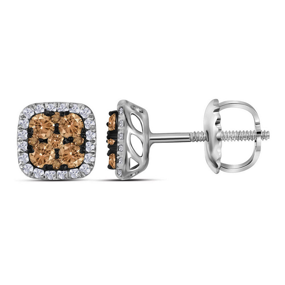 14kt White Gold Womens Round Brown Diamond Square Cluster Earrings 1/2 Cttw