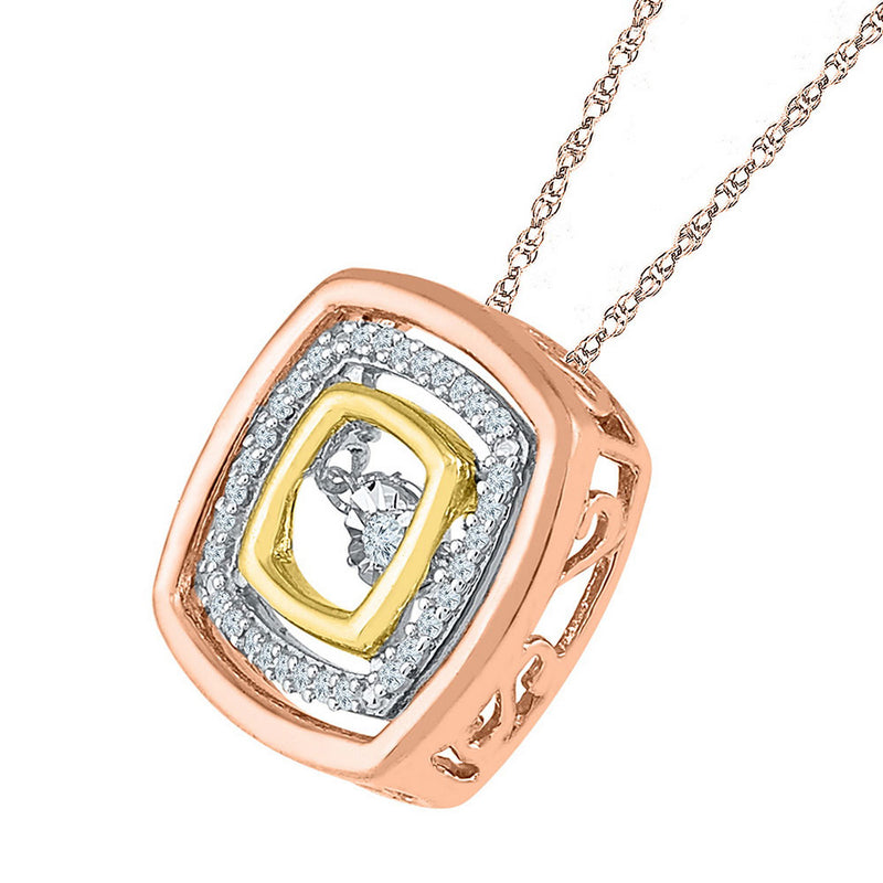 10kt Tri-Tone Gold Womens Round Diamond Square Moving Twinkle Pendant 1/8 Cttw