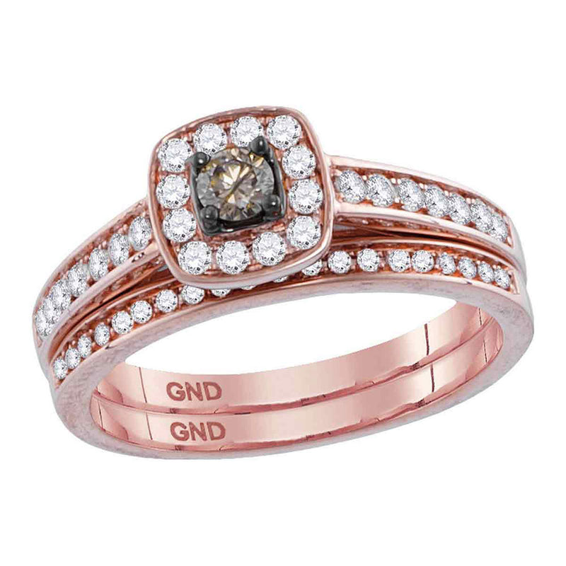 14kt Rose Gold Womens Round Brown Diamond Bridal Wedding Ring Band Set 1/2 Cttw