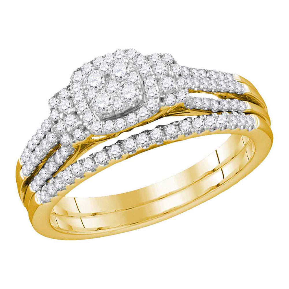 10kt Yellow Gold Round Diamond Cluster Bridal Wedding Ring Band Set 1/2 Cttw