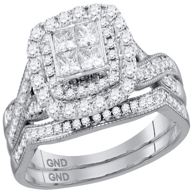 14kt White Gold Princess Diamond Halo Bridal Wedding Ring Band Set 1 Cttw