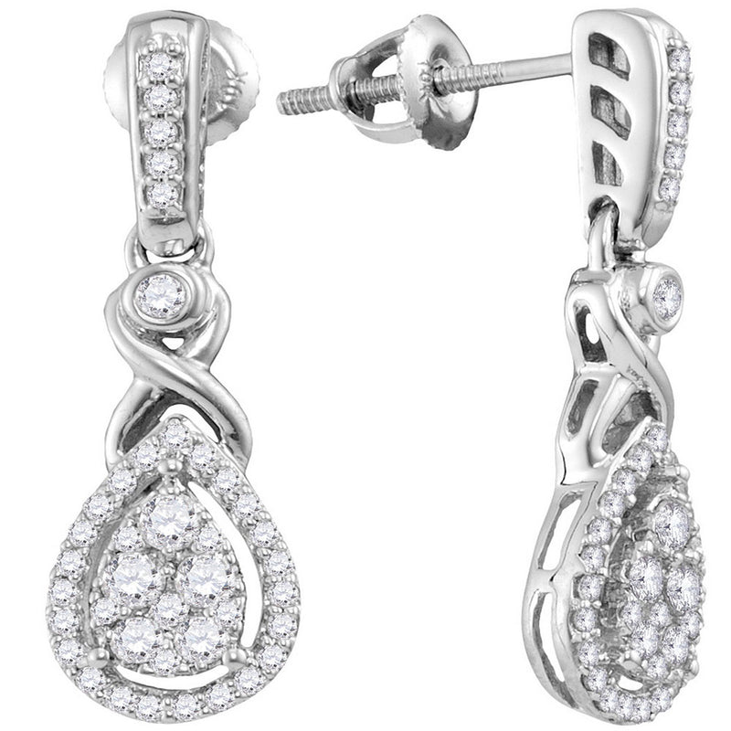 10kt White Gold Womens Round Diamond Teardrop Cluster Dangle Earrings 1/2 Cttw