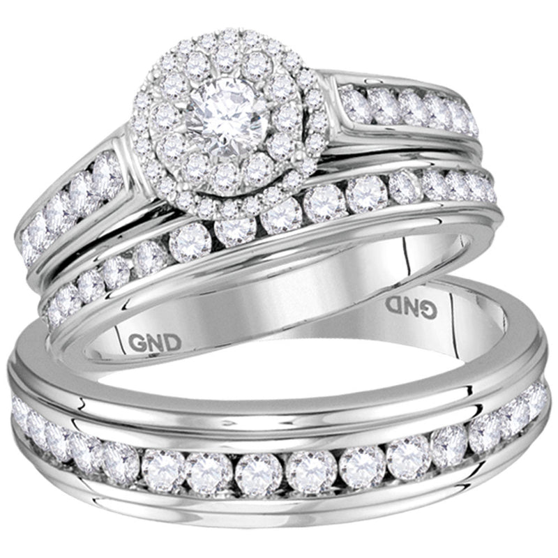 14kt White Gold His Hers Round Diamond Solitaire Matching Wedding Set 1-5/8 Cttw