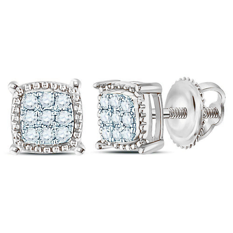 10kt White Gold Mens Round Diamond Square Milgrain Cluster Earrings 1/10 Cttw