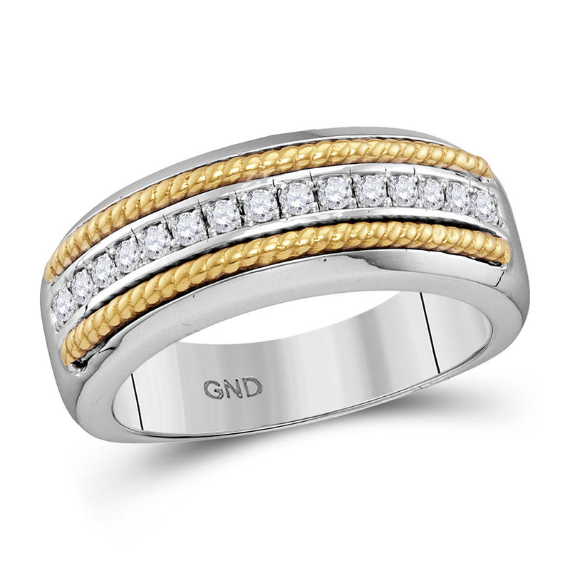 10kt White Gold Mens Round Pave-set Diamond Yellow-tone Rope Wedding Band 1/3 Cttw