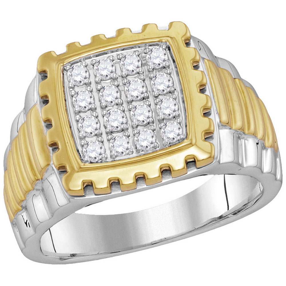 10kt Two-tone Gold Mens Round Diamond Notched Frame Square Cluster Ring 1/2 Cttw