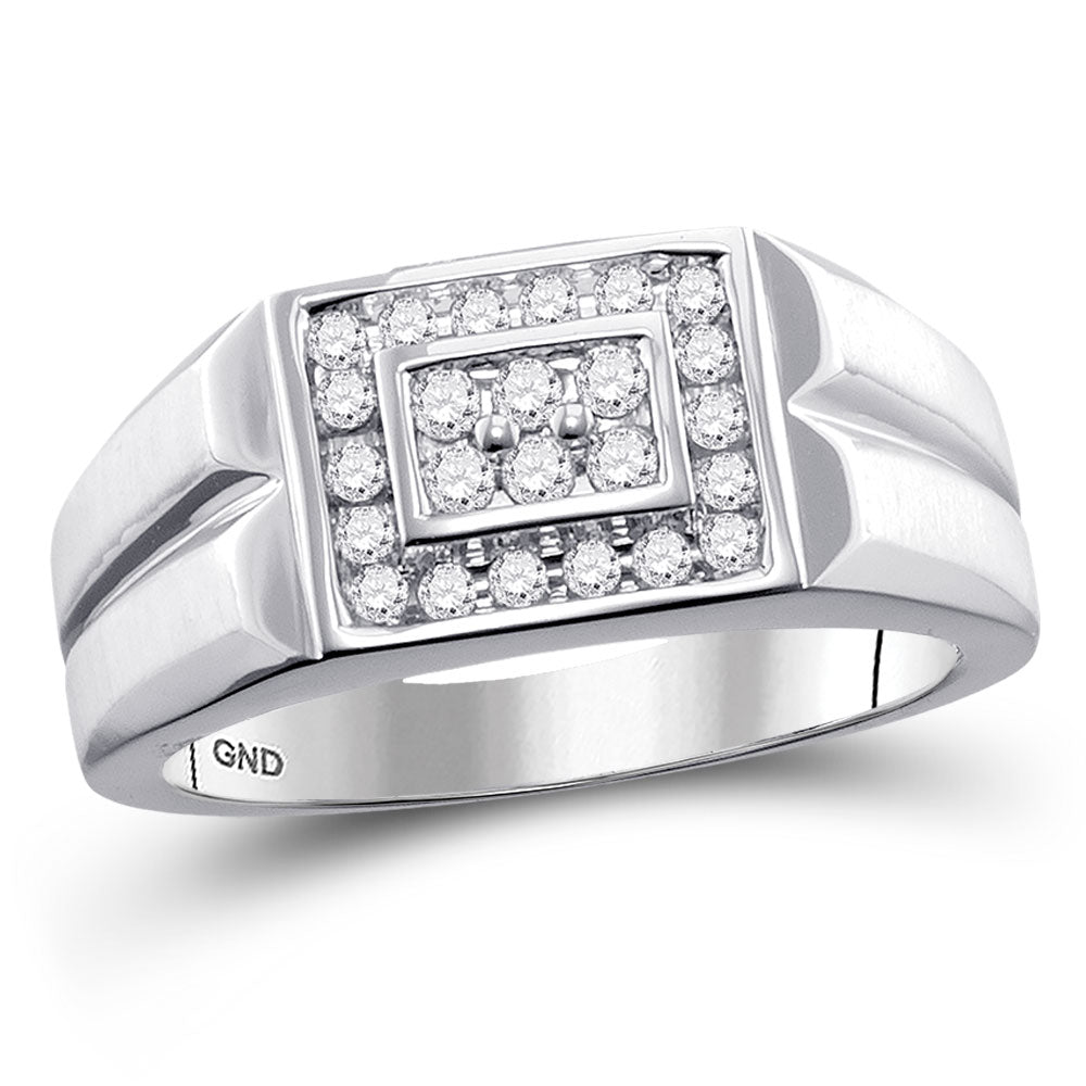 10kt White Gold Mens Round Diamond Rectangle Cluster Ring 3/8 Cttw