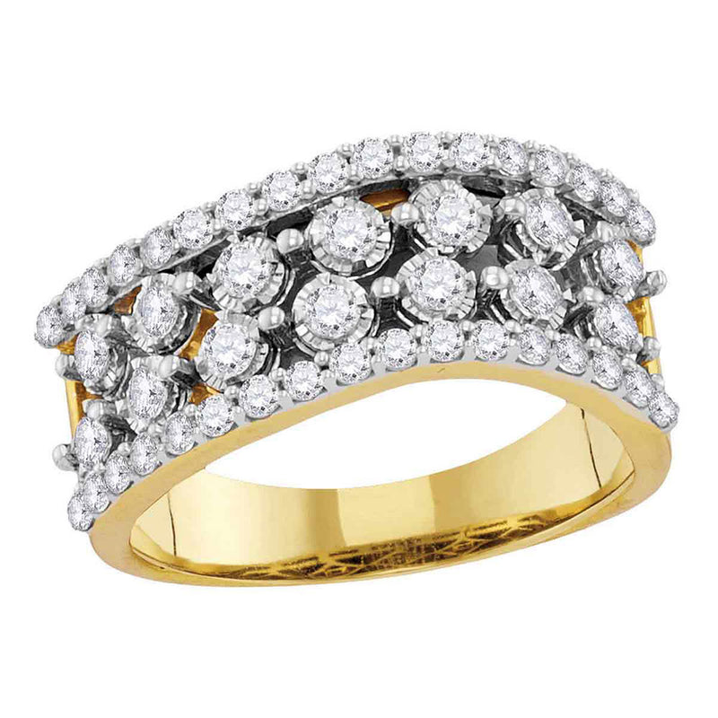 14kt Yellow Gold Womens Round Diamond Contoured Four Row Band Ring 7/8 Cttw